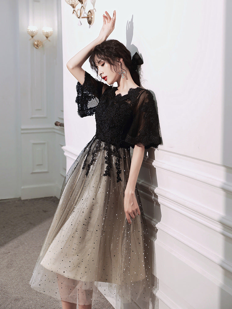 Gown Party dress gala Evening Dresses Temperament Banquet Belly-Covering Black Slimming Daily Style Host Lace shining sequin H892