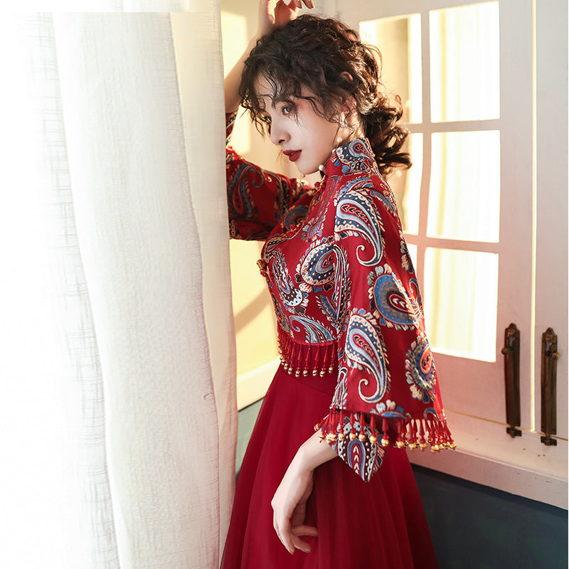 red dress Toast Dress Bride 2020 New Autumn and Winter Wine Red Marriage Engagement Long Sleeve Dress Female Cheongsam Dress LAS370