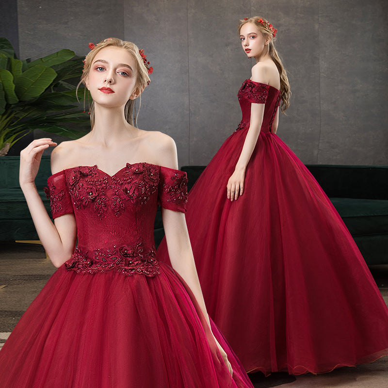 off shoulder dress formal dress evening dress red dress Top Vocal Music Art Test Beauty Sound Performance Pettiskirt Stage Host Annual Party Evening Dress H256