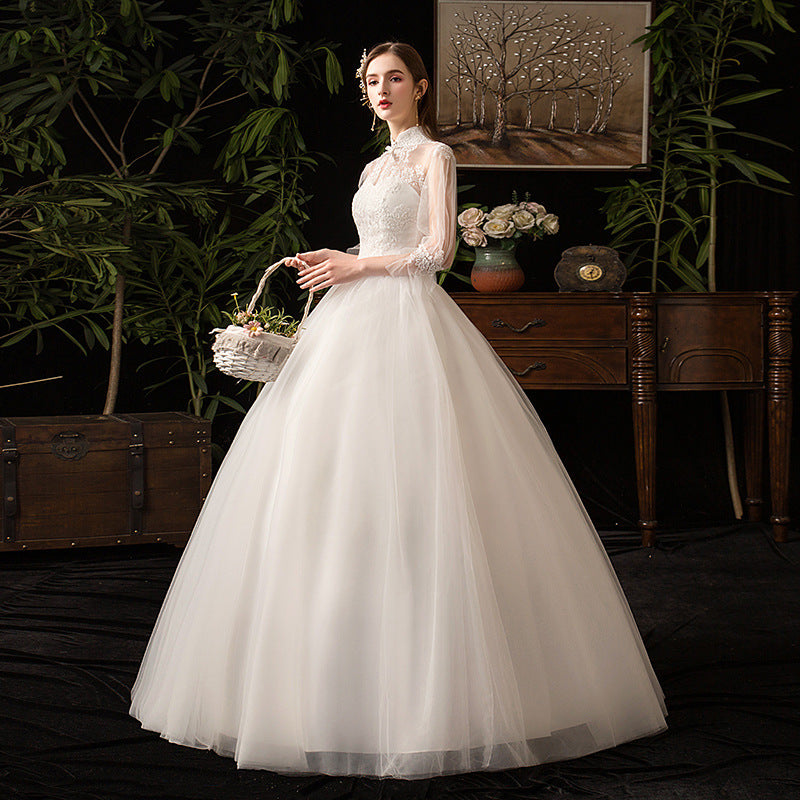 Long Sleeve High collar white Wedding Dress Stand Collar Yarn Slim Bridal plus Size dress