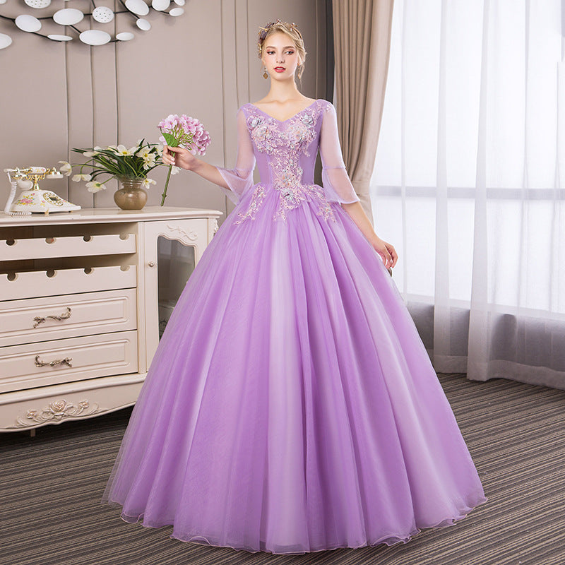 Wedding dress purple dress Violet dress long sleeve dress Women's Long Vocal Music Art Test Dress Annual Meeting Host Pettiskirt LAS374