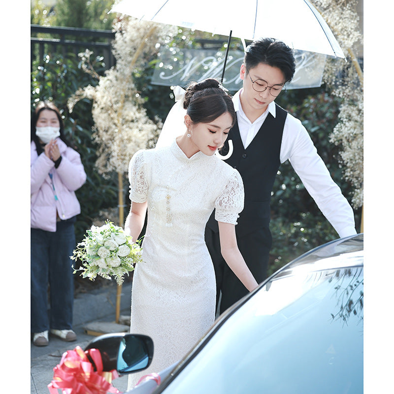 Wedding Dress Lace Short Sleeve Chinese Cheongsam Long Turtleneck Slim White Dresses