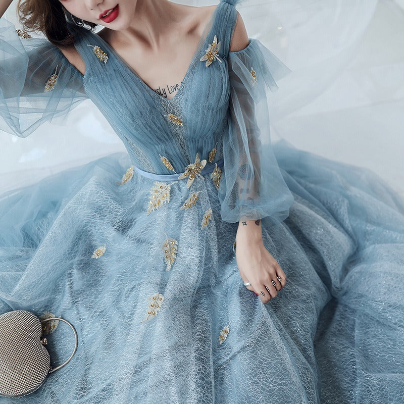 Dinner dress party Blue Evening Dress Banquet Birthday Annual Meeting Host Performance and Show Long Tulle Dress Fairy H291