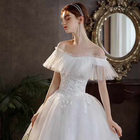 Wedding Dress off Shoulder Dress Lace Dress Princess Dress New off-Shoulder French Style Mori Dream Fairy Temperamental Bride Slim Fit Floor-Length Simple Female H266