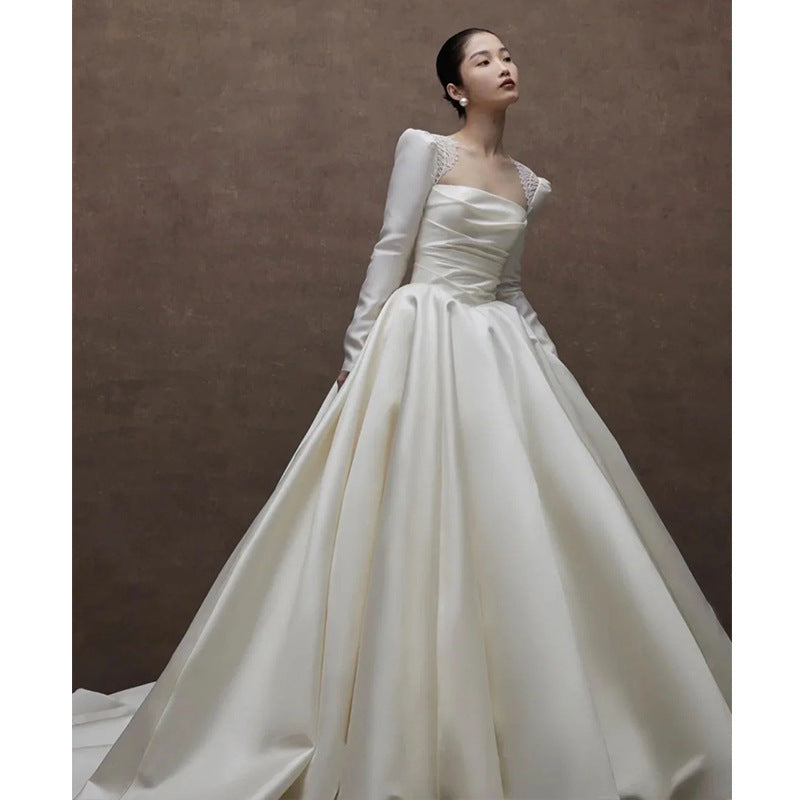 Satin Wedding Dress Bride 2022 New Main Yarn Retro Light Wedding Dress Advanced Wedding Veil Small Long Sleeve Winter dress LAS479