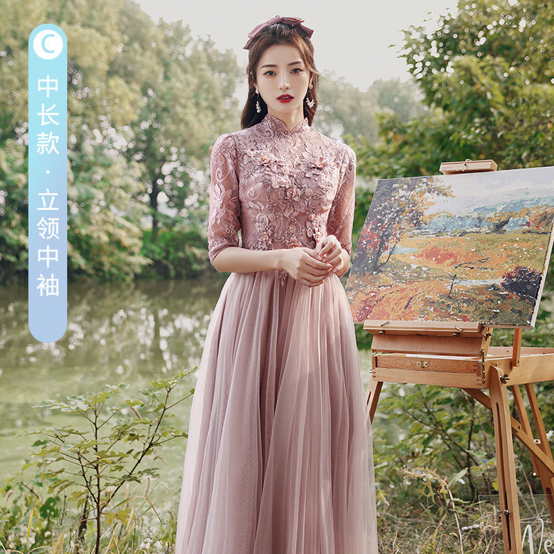 Pink Bridesmaid Dress Fairy Temperament 2022 New Spring Thickened Long Sleeve Girlfriends Ladybros' Dress Female Slimming