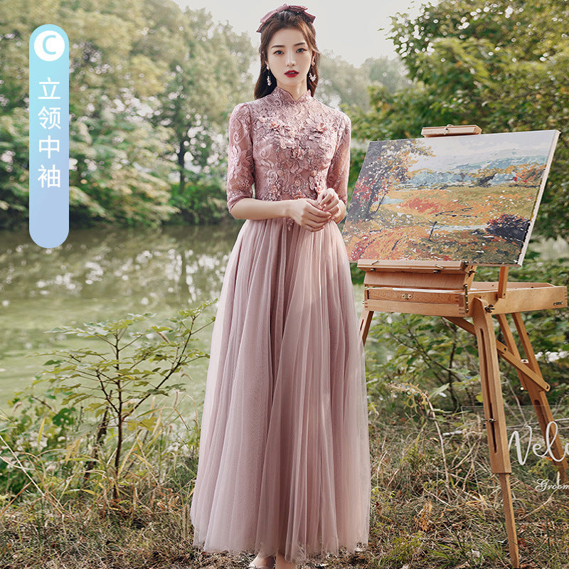 Pink Bridesmaid Dress Fairy Temperament 2022 New Spring Thickened Long Sleeve Girlfriends Ladybros' Dress Female Slimming