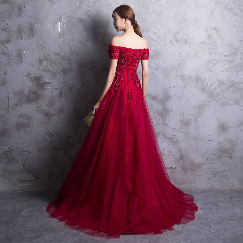 Toast Dress Wine Red 2022 New Summer Wedding Dress Banquet Bridal Evening Dress Elegant Engagement Long off-Shoulder dress muslimah