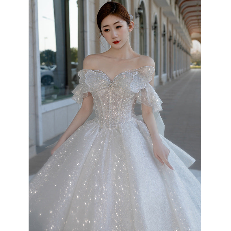 French Primary Wedding Dress2022New Bridal off-Shoulder Main Yarn Western Style Texture Big Tail Summer Small