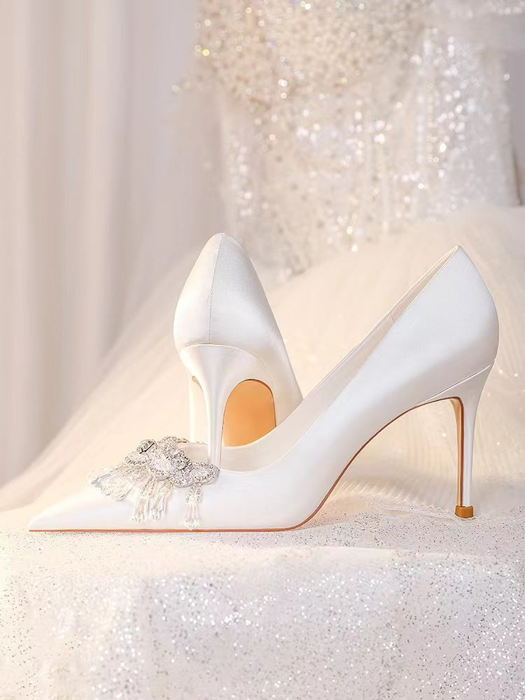 White Crystal Wedding Shoes Women's 2022 New French Style Bridal Shoes Advanced Xiuhe Wedding Dress Stiletto Heel Not Tired High Heels Cinderella Heels H998