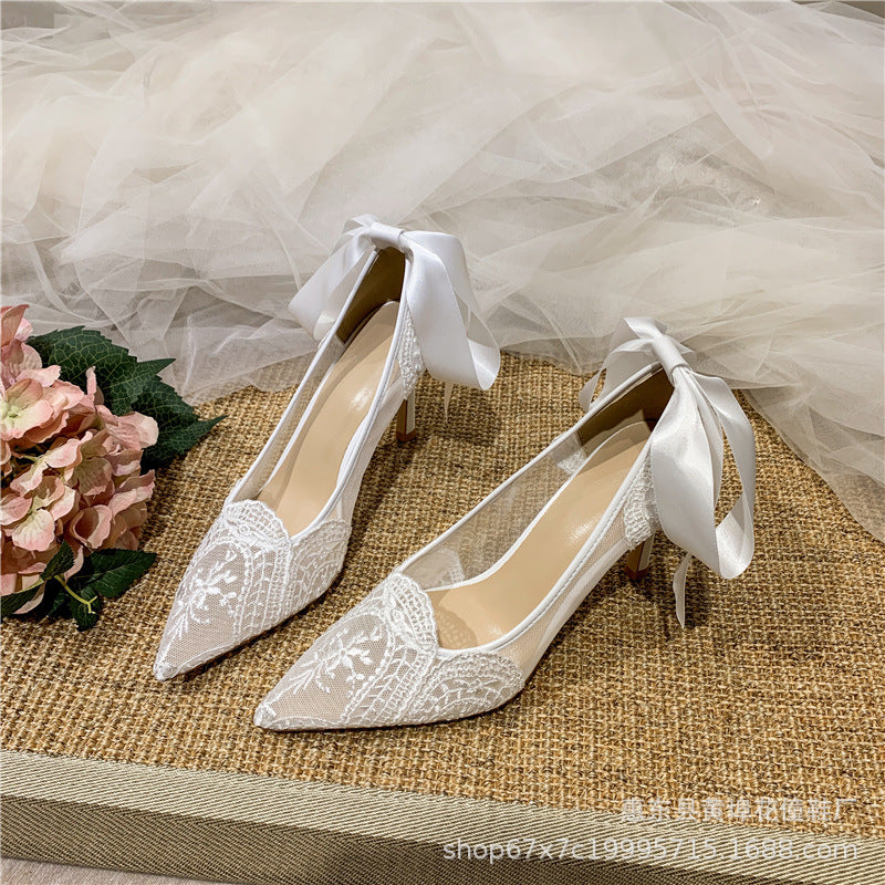 French Style Wedding Shoes Lace Bridesmaid Shoes White Pointed High Heels Women's Stiletto Heel Design Sense Niche Bridal Shoes H278