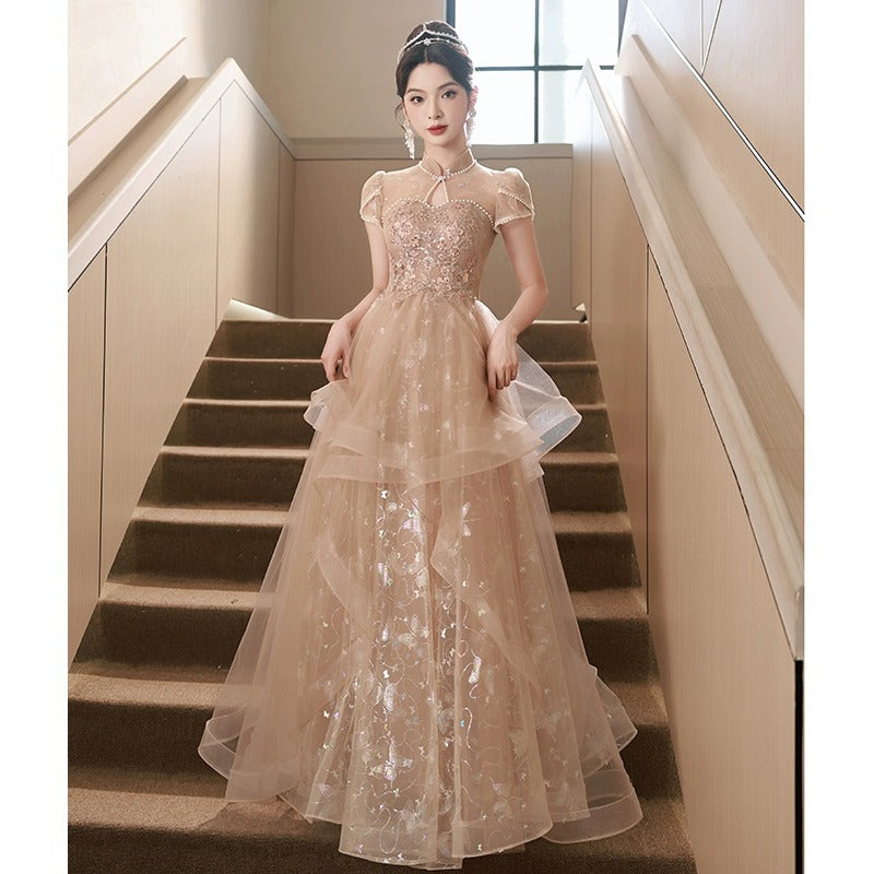 Pink Evening Dress Chinese style retro gown High-End Princess Vocal Music Art Test Performance Dresses gala H577