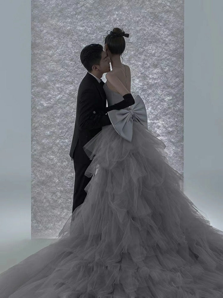 Wedding Dress Bow Korean Dress Colored Mesh Tiered-Ruffle Long Dress Trailing Wedding Dress H283