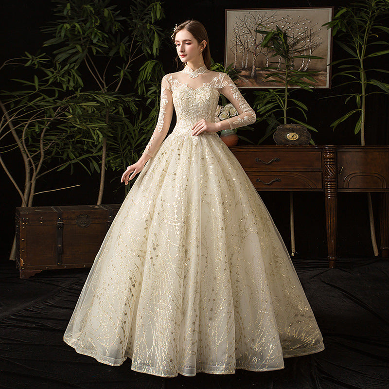 New Wedding Dress Starry Sky French Style Retro Long Sleeve Stand Collar Hepburn Bridal plus Size Tulle Tutu Wedding Dress Evening Dress