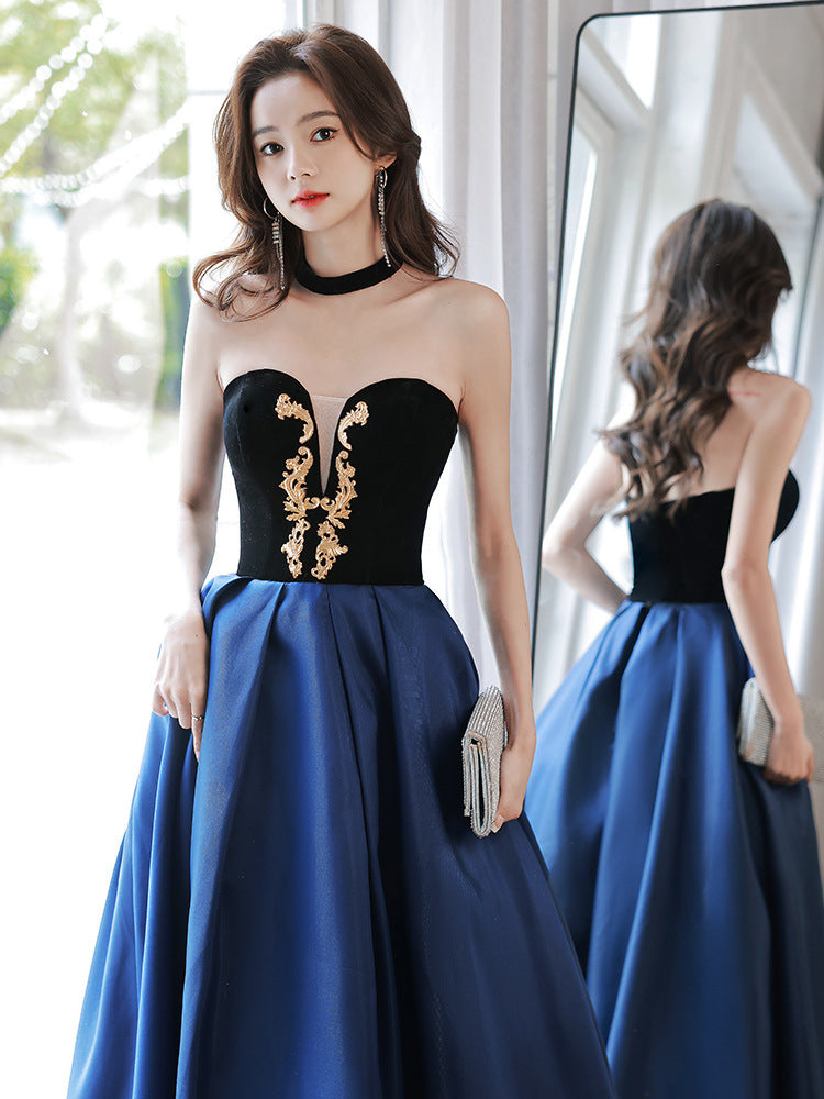 Blue Evening Dress for Women 2022 New Style Host Design French Solo Vocal Music Art Test Costume