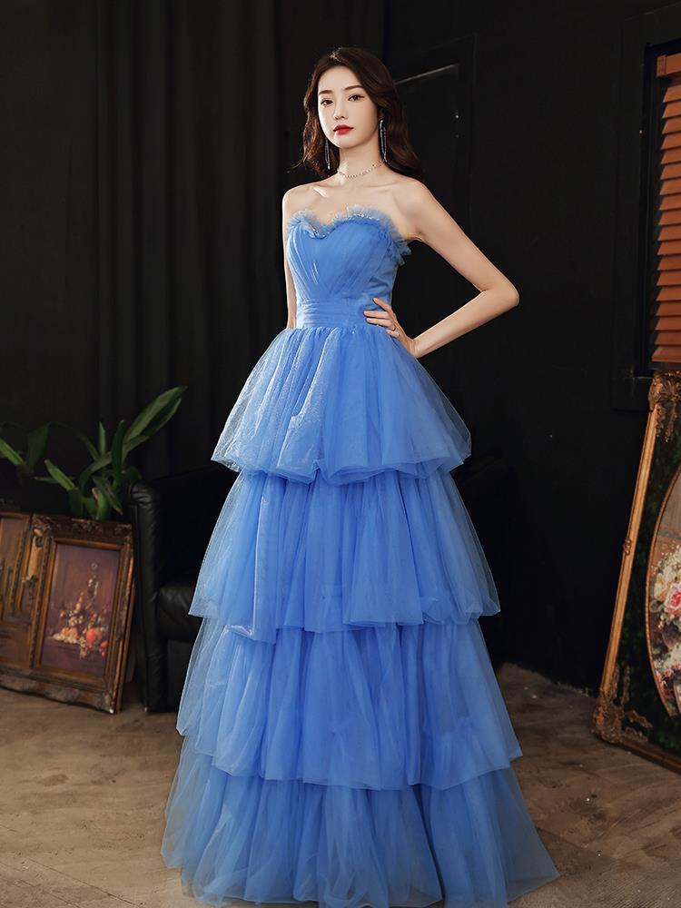 Royal Blue Dress Wedding Dress Tube Top Evening Dress Fairy Temperament Long Pettiskirt High-End Blue Host Zhao Liying Same Style Star Costume H666