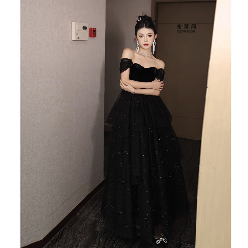 Ball dresses gala Black Evening Dress Banquet off-Shoulder LACE sequin birthday party dress dinner gown formal cArt Exam H289