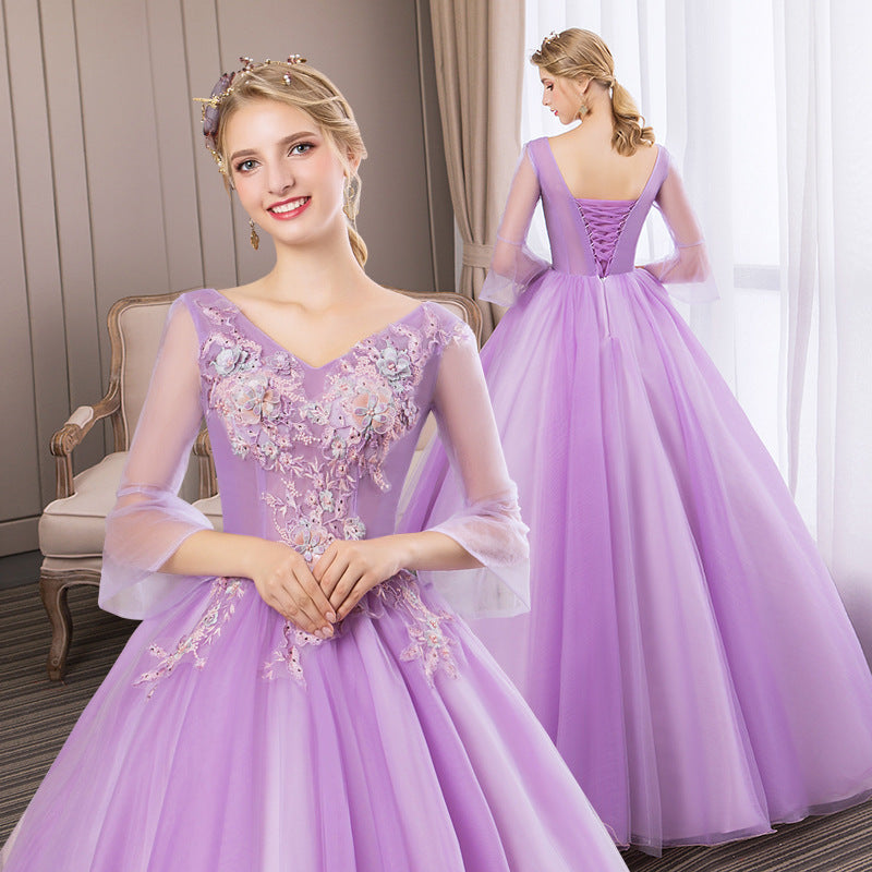 Wedding dress purple dress Violet dress long sleeve dress Women's Long Vocal Music Art Test Dress Annual Meeting Host Pettiskirt LAS374