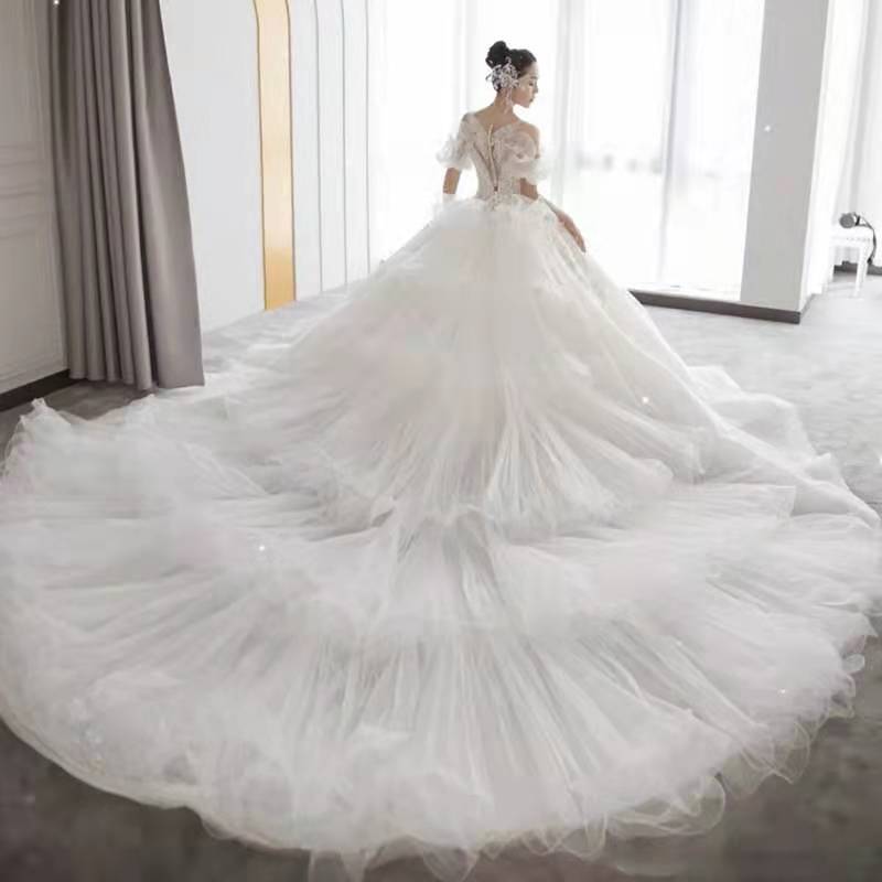 Wedding Dress evening gala Bride Princess Fairy Temperamental Palace Style Large Traling Princess gown off shoulder white butterfly maxi dresses H998