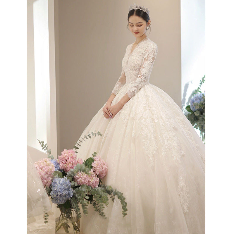 Bridal Wedding Dress2022NewvCollar Long Sleeve Trailing Court Style High-End Large Size Pregnant Women Light Yarn SmallD87