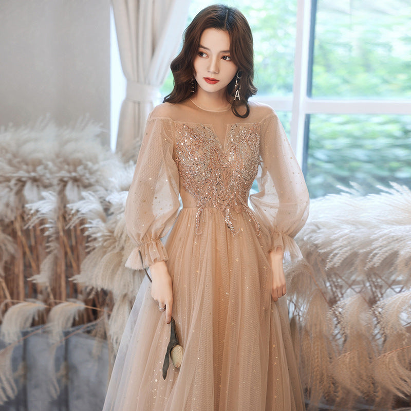 Champagne Dress gala party gown Evening Dresses Birthday Banquet Temperament golden H923