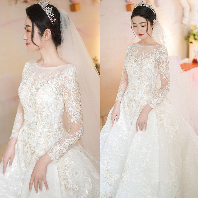 The bride super fairy temperament main wedding dress 2020 new fantasy star tail simple atmosphere long sleeve