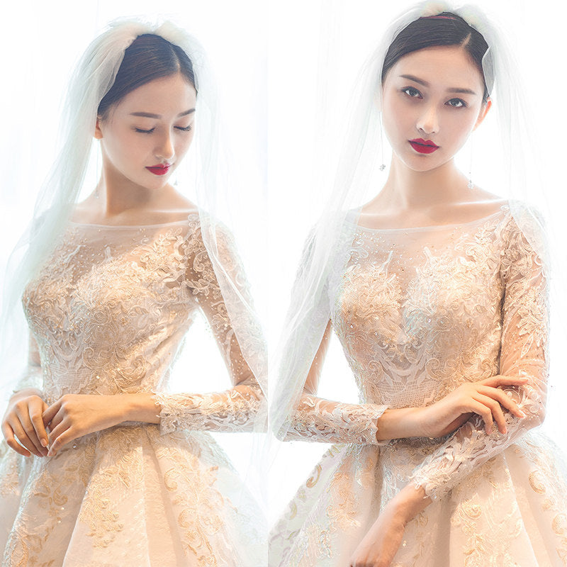 The bride super fairy temperament main wedding dress 2020 new fantasy star tail simple atmosphere long sleeve