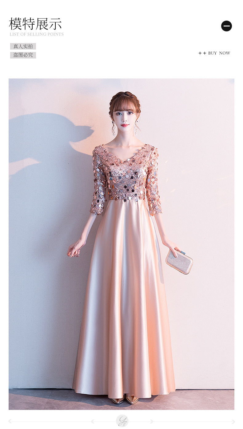 Evening dress female  banquet host Queen Vibe satin dress skirt length to show slim gorgeous temperament