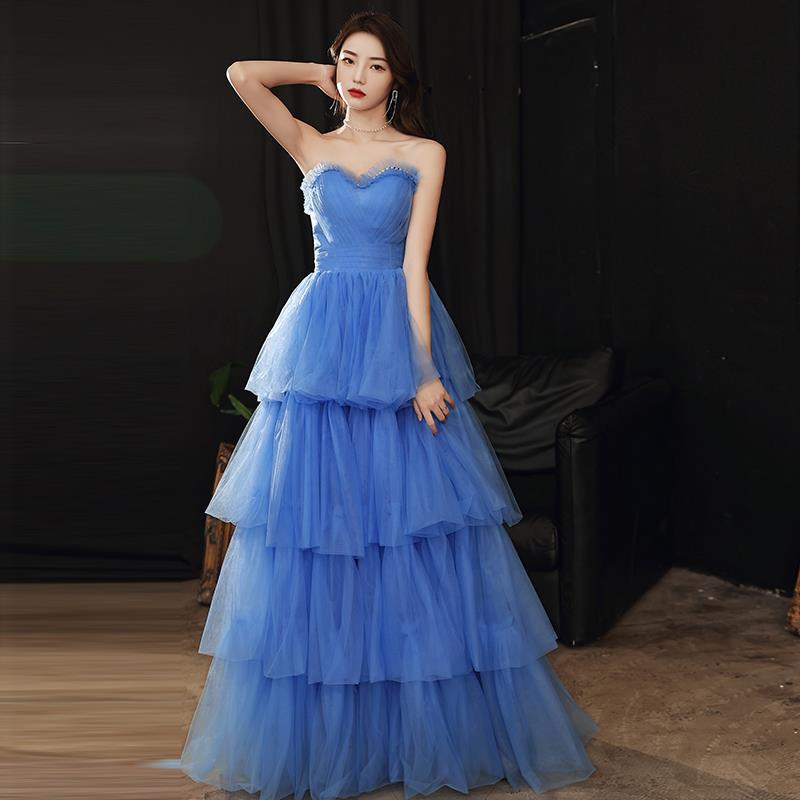 Royal Blue Dress Wedding Dress Tube Top Evening Dress Fairy Temperament Long Pettiskirt High-End Blue Host Zhao Liying Same Style Star Costume H666