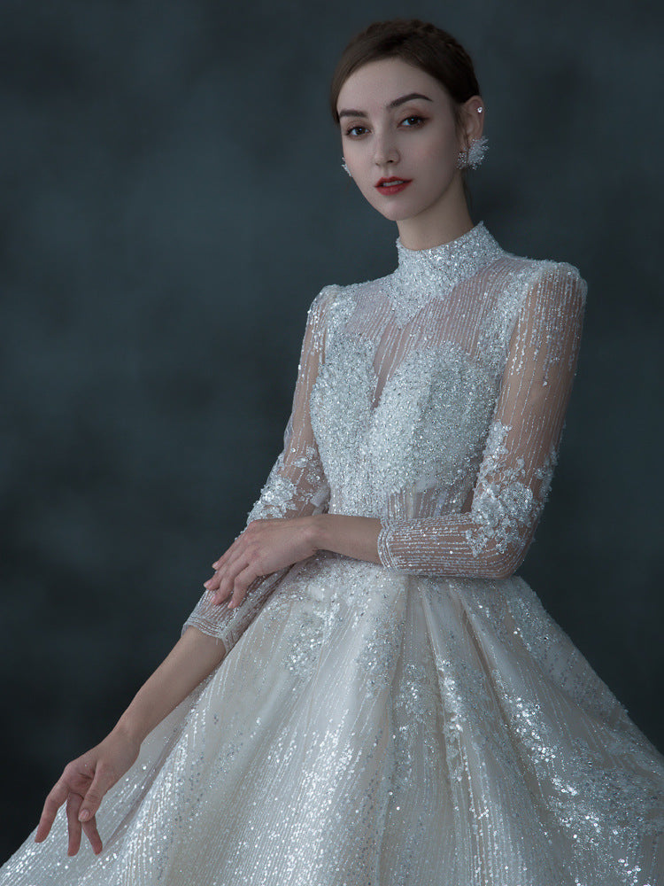 Main Wedding Dress Long Sleeve Stand Collar Bridal Wedding Dress Temperament Dreamy Slimming Trailing Bride Wedding Dress L0249