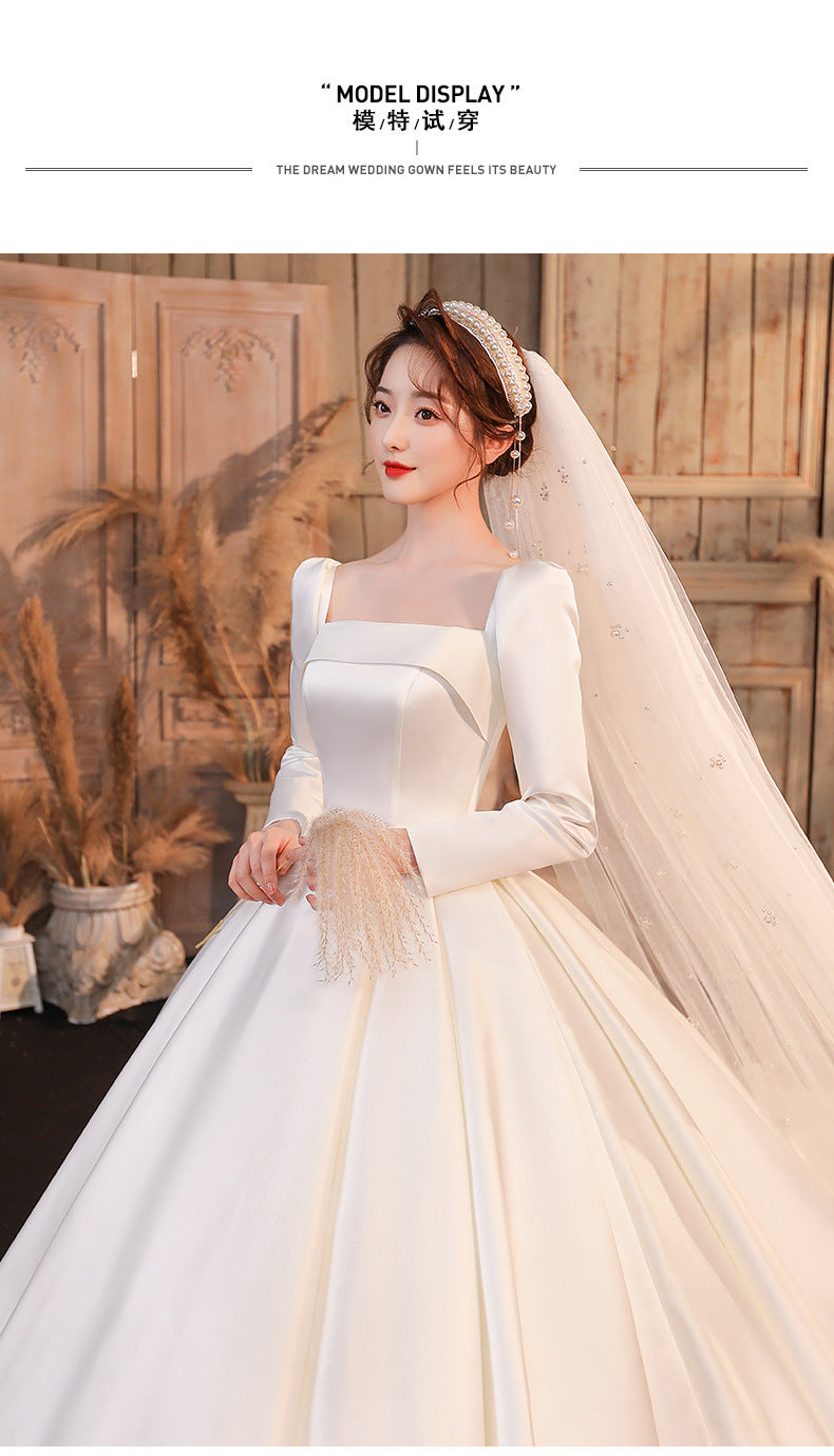 wedding dress satin dress spring and summer long sleeves French square collar temperament simple atmosphere slim cover thick arm bridal dress