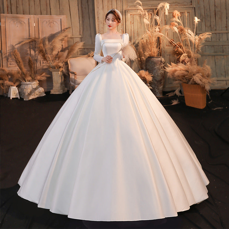 wedding dress satin dress spring and summer long sleeves French square collar temperament simple atmosphere slim cover thick arm bridal dress