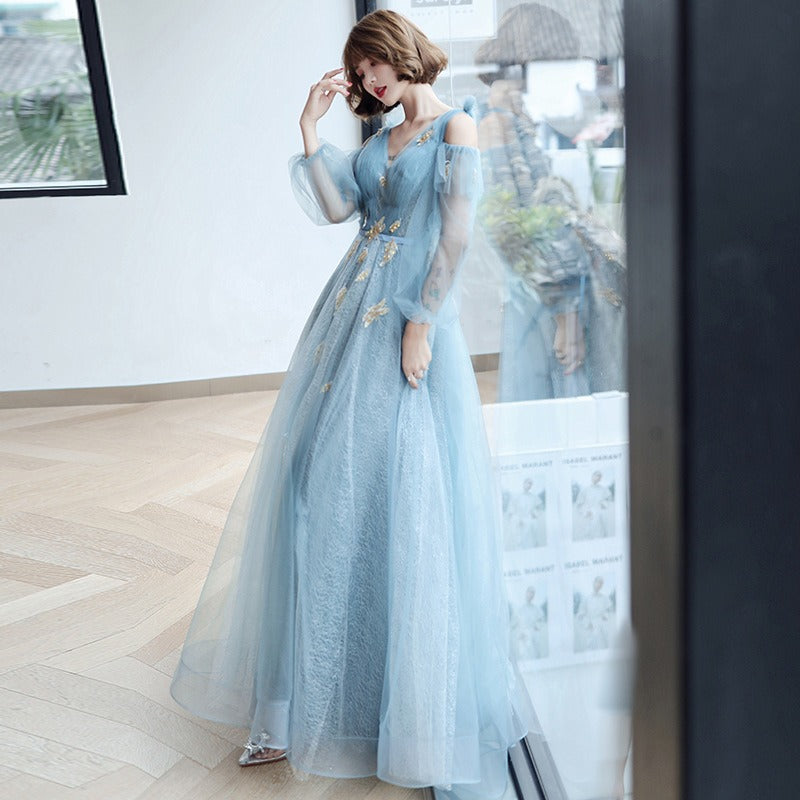 Dinner dress party Blue Evening Dress Banquet Birthday Annual Meeting Host Performance and Show Long Tulle Dress Fairy H291