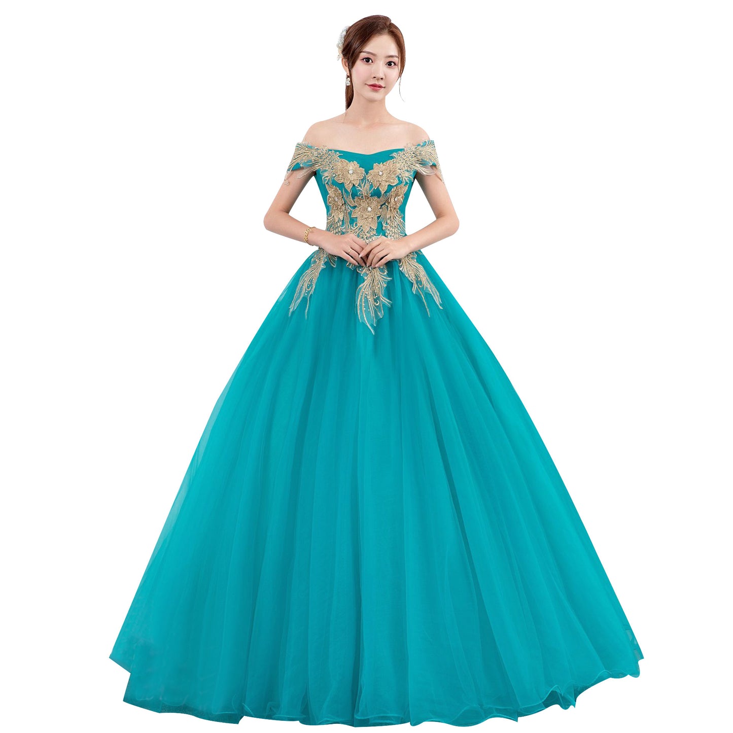 green dress blue dress lace wedding dress Solo Performance Costume Pettiskirt Long Host Art Exam Meisheng Annual Meeting off-Shoulder Evening Dress Slim Studio Theme