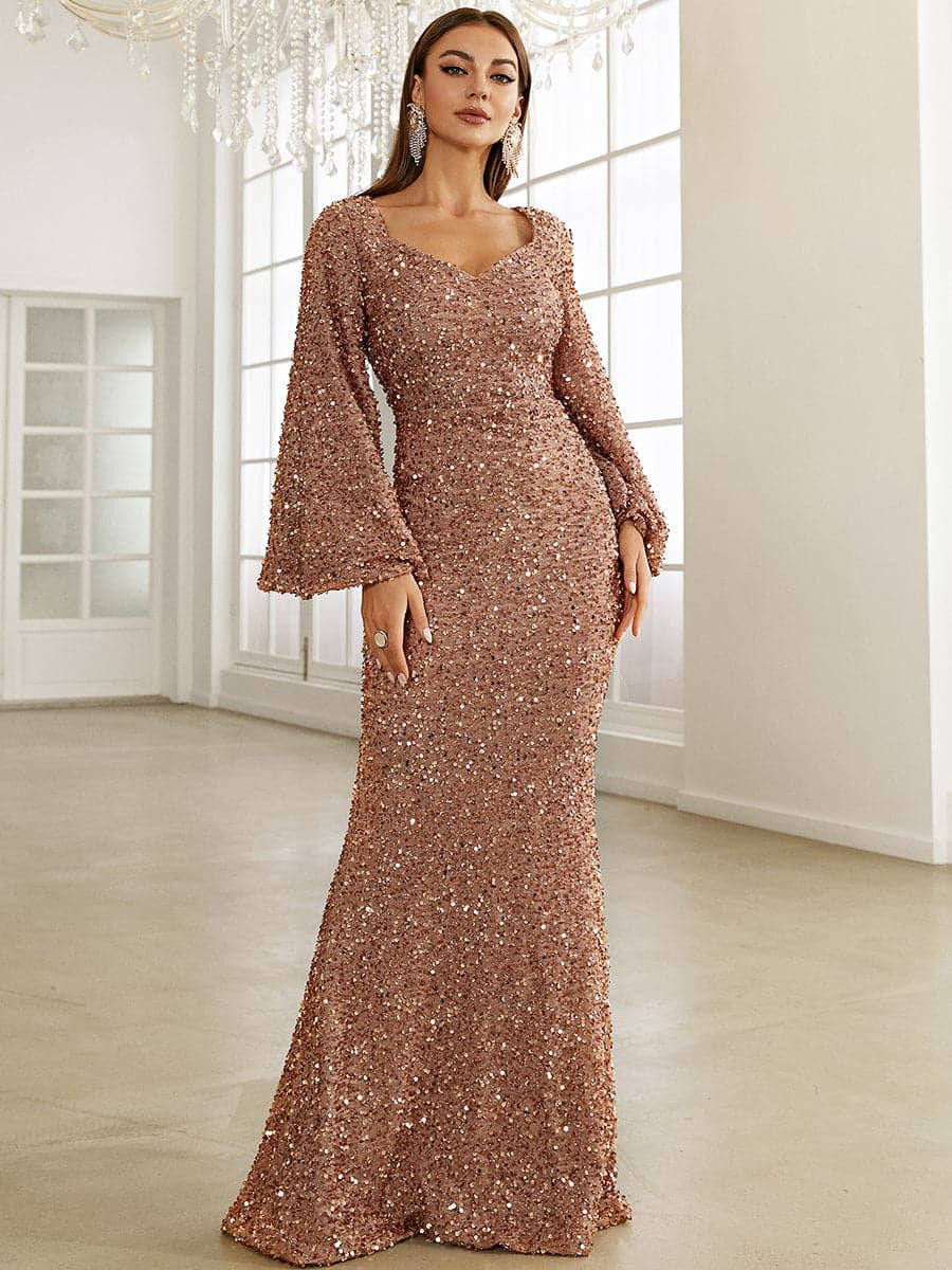 Dinner dress sequin long sleeve golden long sleeve party gown dresses gala Fashion V-neck Hip Sequined European and American Style Dress Mid-Waist Flared Sleeve Long Evening Dress H982