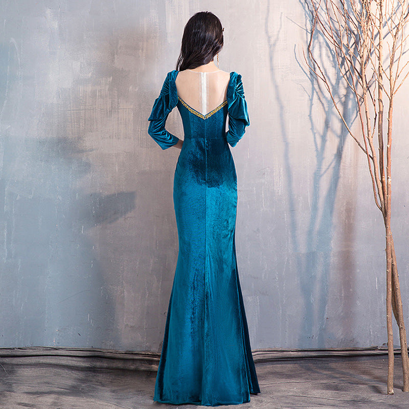 Green Blue dress Evening Dress Velvet Women's 2020 New Super Fairy Banquet Temperament Autumn and Winter Long Sleeve Host Long Show Fishtail Skirt