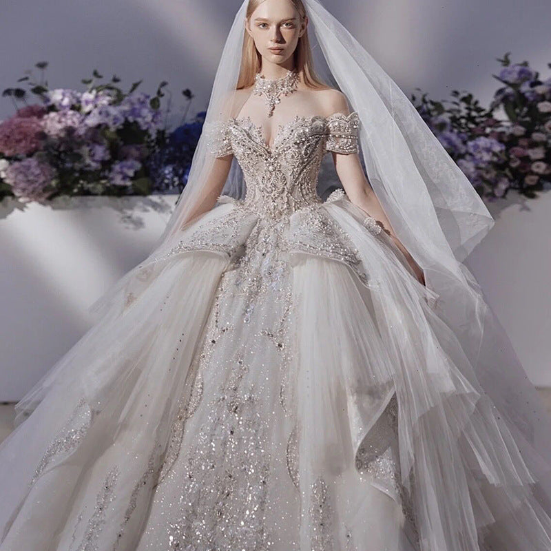 off-Shoulder High-End Wedding Dress2023New off-Shoulder Korean Princess Heavy Industry Court Bridal Wedding Dress Wedding Tail