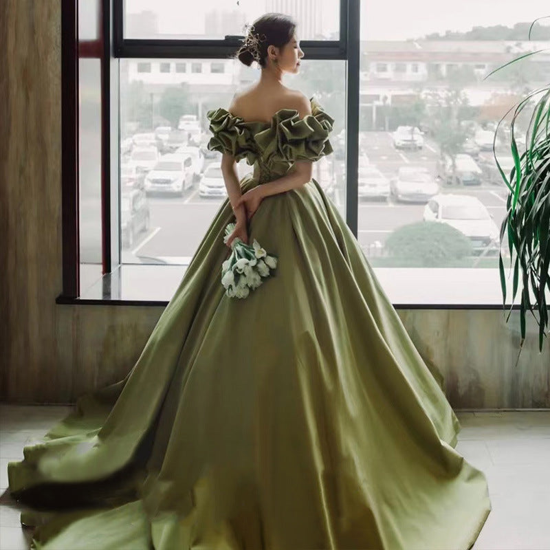 French Evening Dress Green dress wedding dress New Green High-Grade off-Shoulder Satin Host's Dress Dress Elegant