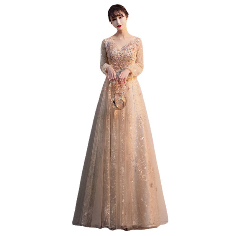 Golden Long Sleeve Evening Dress for Women 2022 New Elegant Extra Large Figure Flattering Dress Long Belly Covering Banquet Evening Dress LAS477