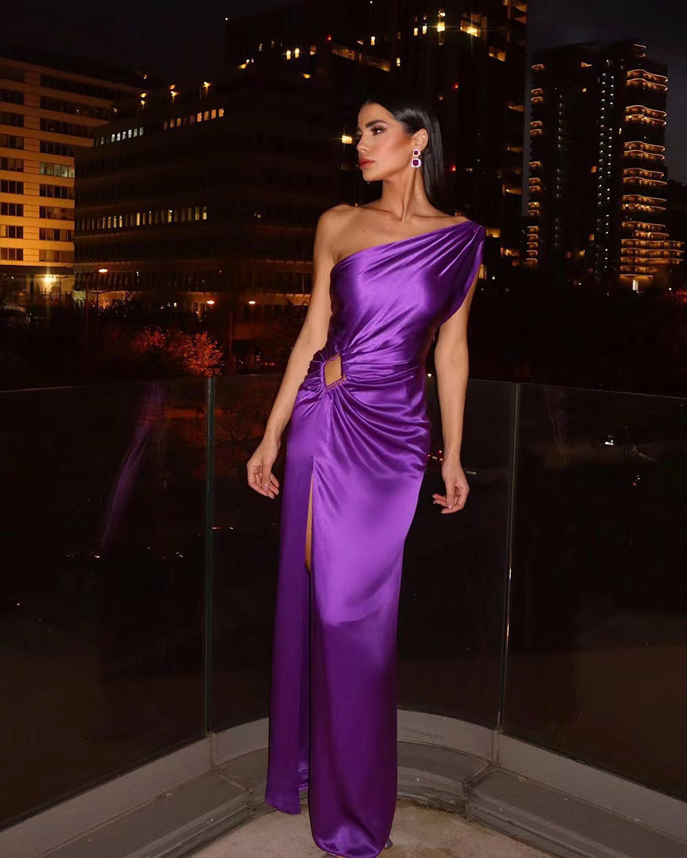 Long Dress Party Evening Dresses Gala Fitted Waist High Waist Solid Color Off-Shoulder Purple Shining Skirt H557