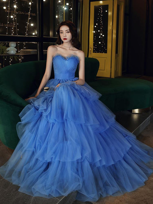 Royal Blue Dress Wedding Dress Tube Top Evening Dress Fairy Temperament Long Pettiskirt High-End Blue Host Zhao Liying Same Style Star Costume H666