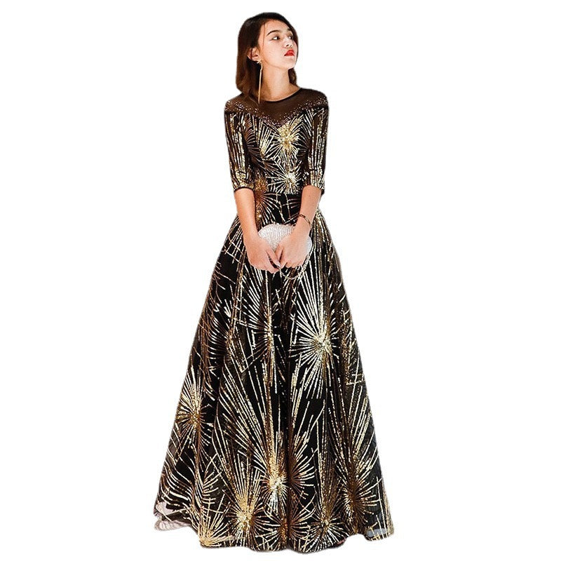 Evening Dress Banquet Skirt Gold Sequined Annual Party Dinner shining long sleeve Performance Costume Black Dance Dresses gala Ball Gown H223