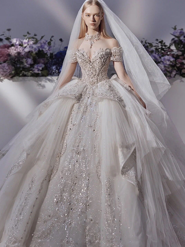 off-Shoulder High-End Wedding Dress2023New off-Shoulder Korean Princess Heavy Industry Court Bridal Wedding Dress Wedding Tail