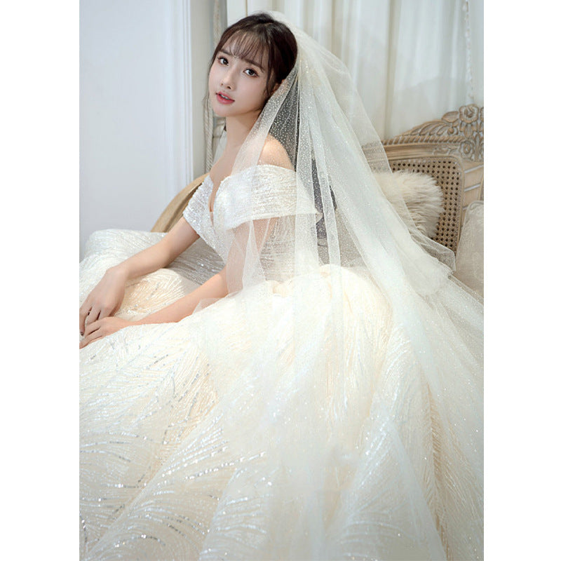 off-Shoulder Primary Wedding Dress  Bride Trailing Starry Sky Simple Super Fairy Mori Style Dream Dress H889