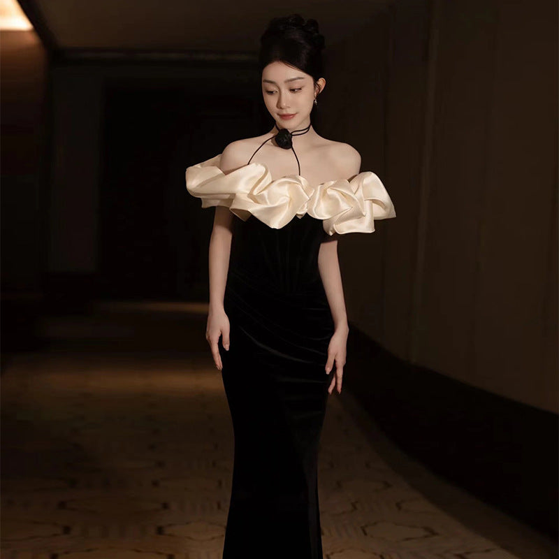 Evening Dresses Black Fishtail Dress For Dinner Silk Rose Off Shoulder Party Dresses Gala H923