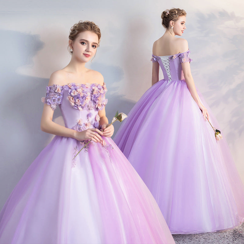 Sky Blue Wedding Dress Host Clothing Evening Dress 2023 New Bubble Skirt Bel Canto Solo Art Exam Host Formal Dress off-Shoulder Long Performance Dress H567