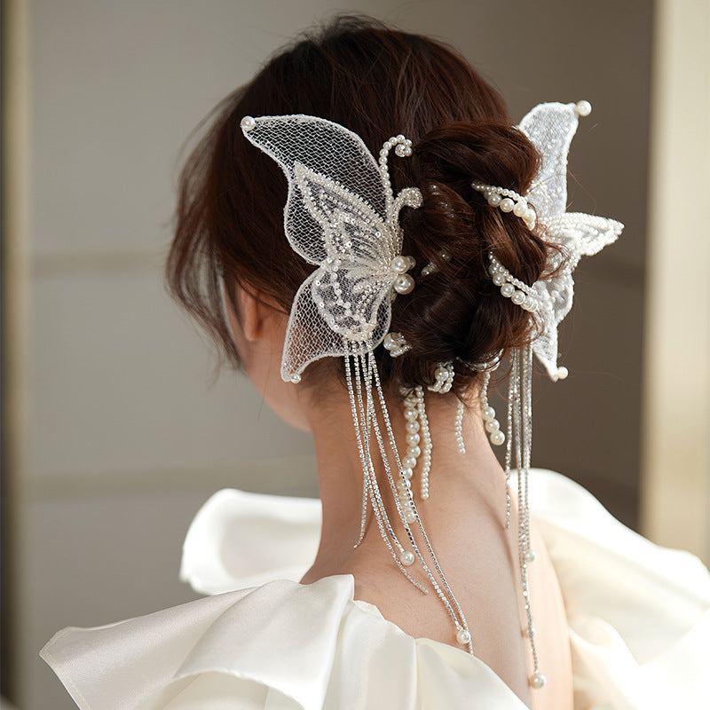 2022 New Bridal Headdress Temperament And Beautiful Lace Butterfly Tassel Hairpin Set Photo Makeup Modeling Jewelry