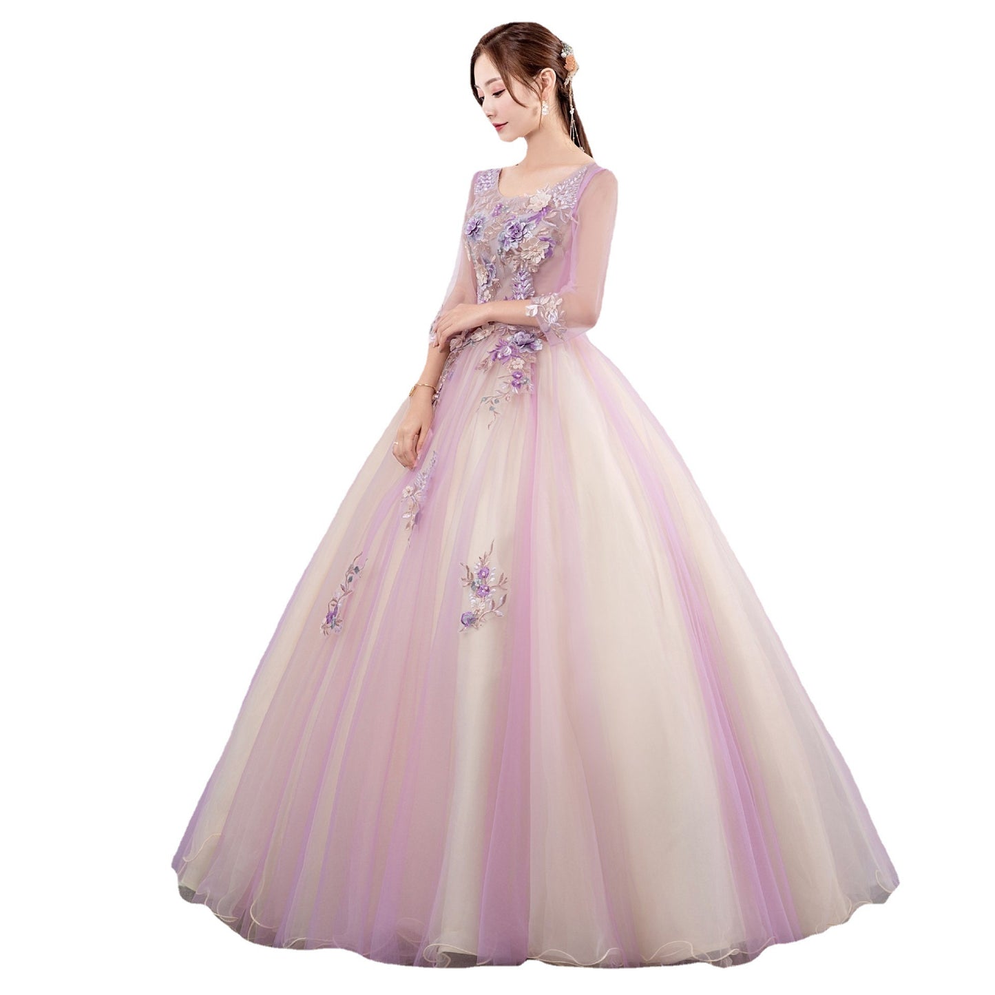 pink dress wedding dress Solo Performance Costume Noble Elegant Studio Colored Mesh Meisheng Host Art Exam Dress Pettiskirt Autumn and Winter LAS371