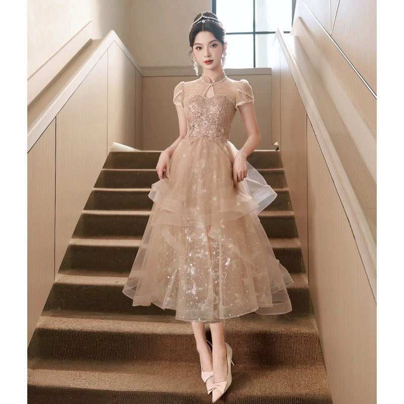 Pink Evening Dress Chinese style retro gown High-End Princess Vocal Music Art Test Performance Dresses gala H577