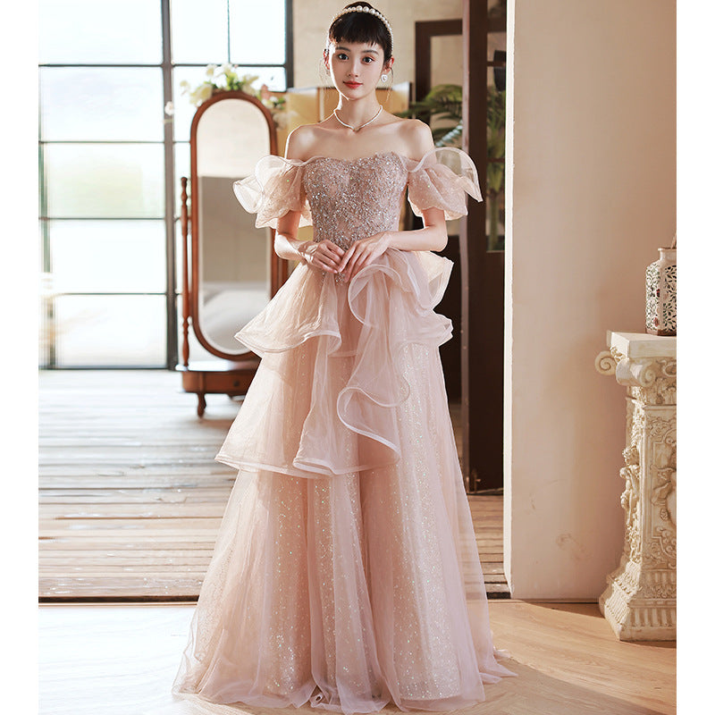 Dinner dress lace maxi dress formal prom gown long sleeve prom formal Pink Evening Dress off-the-Shoulder Gown Fairy H831